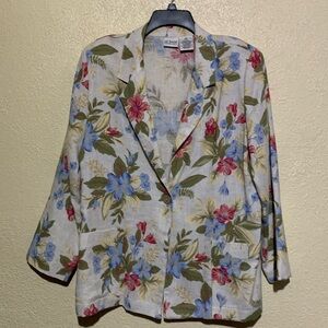 Liz Baker Blazer Jacket 14P Beige Cream Red Blue Floral Rayon Linen Pockets